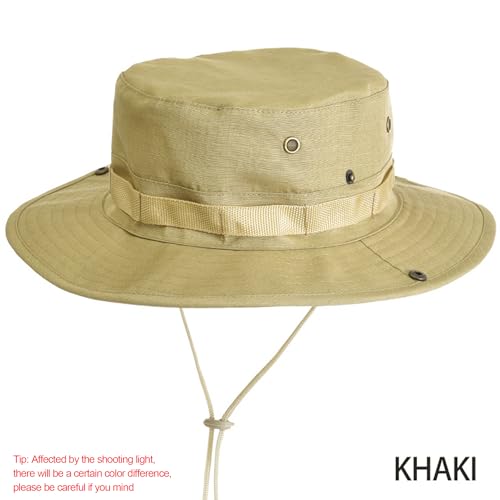 Cotton Fishing Bucket Hat Men Women Sun UV Protection Wind Chin Strap - color: Khaki - Wide Band