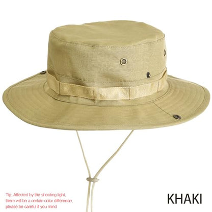 Cotton Fishing Bucket Hat Men Women Sun UV Protection Wind Chin Strap - color: Khaki - Wide Band