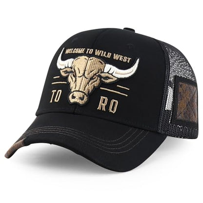 Trendy Apparel Shop Bull Embroidered Western Snapback Trucker Cap - color: Black Black 2