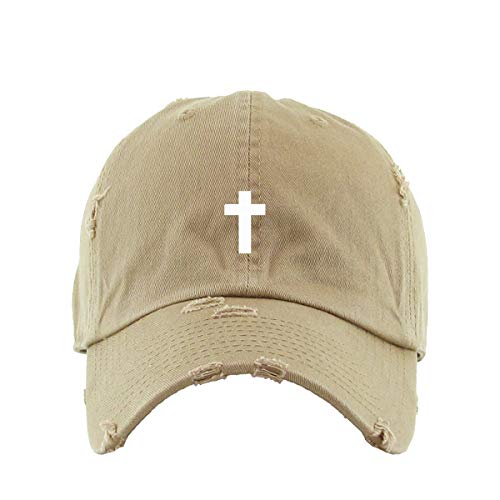 Cross Vintage Baseball Cap Embroidered Cotton Adjustable Distressed Dad Hat - color: Khaki
