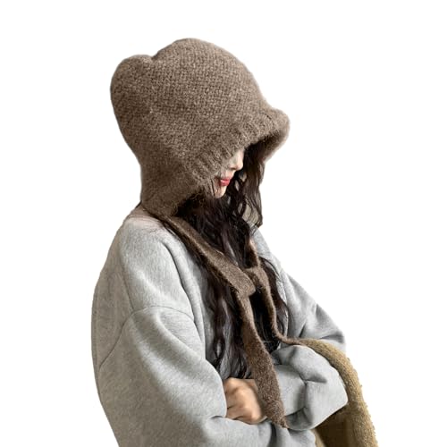 LumiSyne Winter Wool Knitted Hat Adjustable Drawstring Dual Purpose Earflap Hat and Knitted Bag Slouch Beanie Baggy Skull Cap - color: Tea Grey