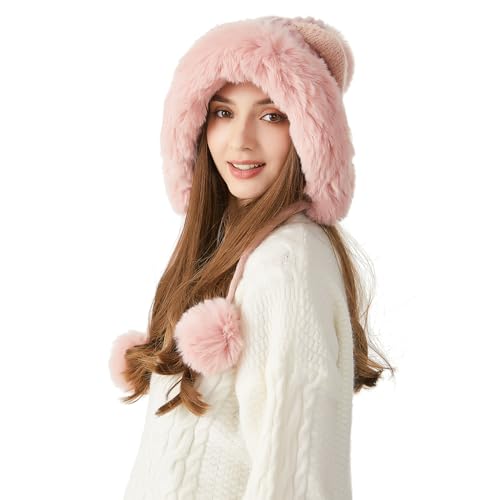 HUAMULAN Women Winter Sherpa Beanie Hats Knit Ear Flaps Fleece Lined - color: Pink