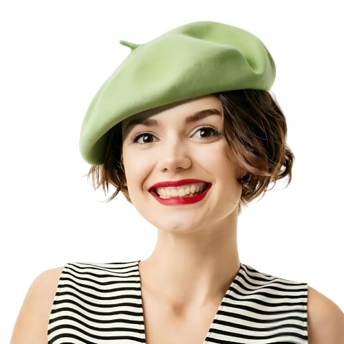 French Beret Hats for Women - Soft Warm Wool Solid Color Beanie Winter Cap - color: Pea Green