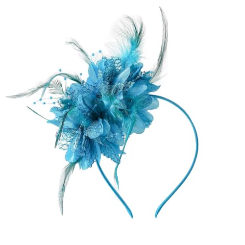 Womens Fascinators Hats Tea Party Feather Pearl Headband for Women, Wedding Cocktail Dresses Accessories - color: Lake Blue