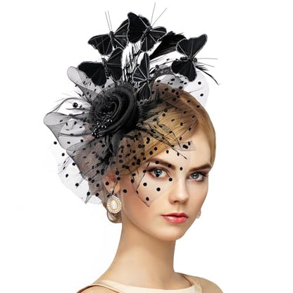 Zinniday Butterfly Derby Hat 2025 - Classic Tea Party Hats with Hair Clip, 1920s 50s Fascinators for Lady Woman - color: Black