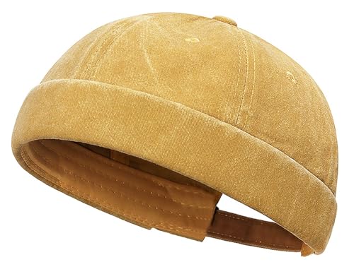 DIYDECAL Vintage Washed Cotton Sailor Docker Cap for Men, Brimless Skull Cap with Classic Retro Style - color: Yellow