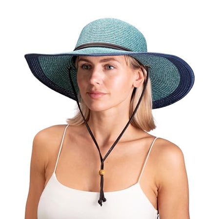 Sloggers Women's Wide Brim Braided Sun Hat with Wind Lanyard - UPF 50+ Maximum Sun Protection - color: Grey Blue