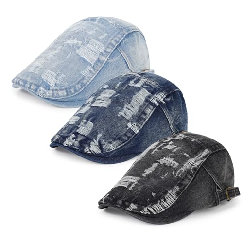 3Pcs Men's Newsboy Caps Cotton Cooling Hat Adjustable Flat Cap for Men - color: Denim D-darkblue+black+mediumblue