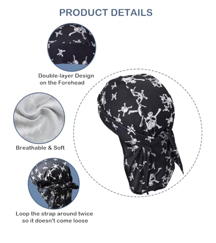 Sweat Wicking Do Rags Skull Caps, Cooling Hip Hop Hat, Beanie Durag Motorcycle Head Wrap Doo Rag Liner for Men Women - color: Skull Union