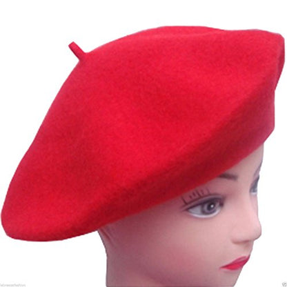 Women French Wool Beret Hats - Solid Color Classic Beanie Winter Cap - color: Red