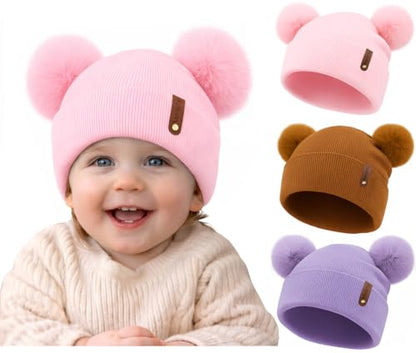 Toddler Winter Beanie Hats 3 Pack – Double Pom Pom Soft Knitted Hats for Baby Boys Girls 6–36 Months - color: Purple+pink+caramel