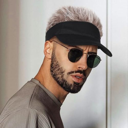 Adjustable Sun Visor Hat with Wig Spiked Hairs Fashion Baseball Golf Cap for Men & Women - color: Black+brown Hair