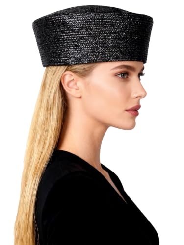 HIMESPORT Straw Pillbox Hats for Women Ladies Elegant Wedding Formal Church Tea Party Cocktail Hat - color: Black
