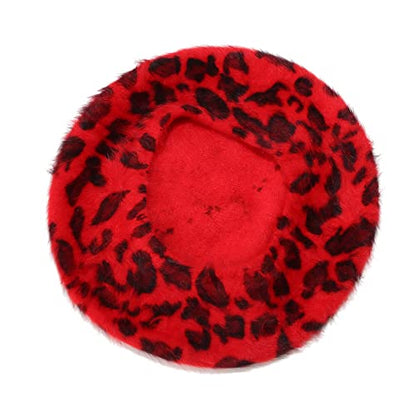 Fluffy Leopard Print Beret Hat Trendy Cheetah Pattern French Hats Winter Warm Artist Caps for Women Lady - color: Red