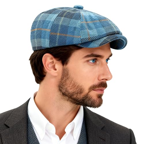 Men's Faux Woolen Tweed Plaid Ivy Cabbie Gatsby Newsboy Golf Paperboy Hat Cap - color: Blue