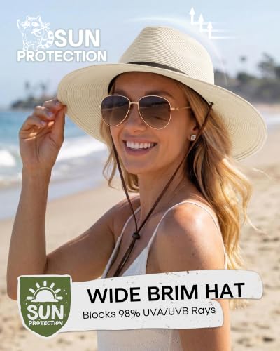 FURTALK Sun Hat Panama Fedora Straw Beach Hat with Wind Lanyard UPF - color: Beige, size: Large-X-Large