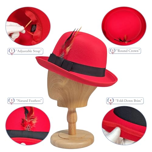 Classic Fedora Hat with Feather, Dome Hard Bowler Cap - color: Red
