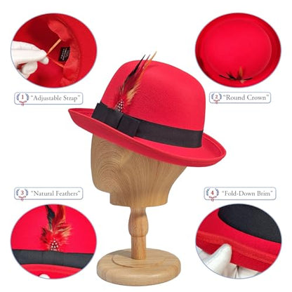 Classic Fedora Hat with Feather, Dome Hard Bowler Cap - color: Red