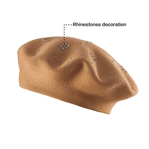 LADYBRO Rhinestone Beret Hats for Women 2 Layers Wool Knit Cap Lady Winter - color: Light Tan (Floral Pattern)