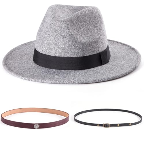 Felt Wide Brim Fedora Hats for Women Men, with Band Belt Buckle, Adjustable - color: P05 Light Grey