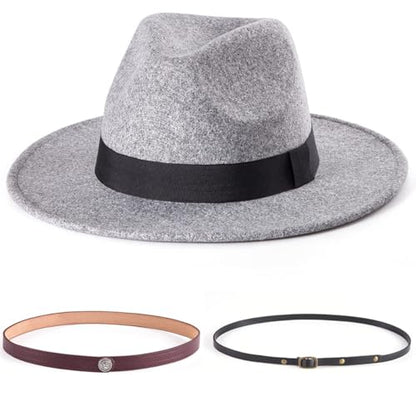 Felt Wide Brim Fedora Hats for Women Men, with Band Belt Buckle, Adjustable - color: P05 Light Grey