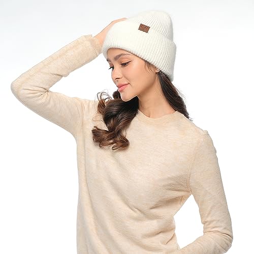C.C Fuzzy Beanie for Women Unisex - Acrylic Stretchable Soft Warm Knit Winter Skully Hat - color: Angora-ivory