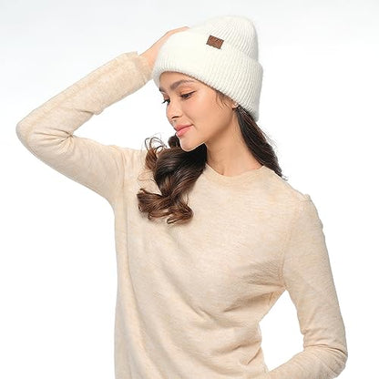 C.C Fuzzy Beanie for Women Unisex - Acrylic Stretchable Soft Warm Knit Winter Skully Hat - color: Angora-ivory
