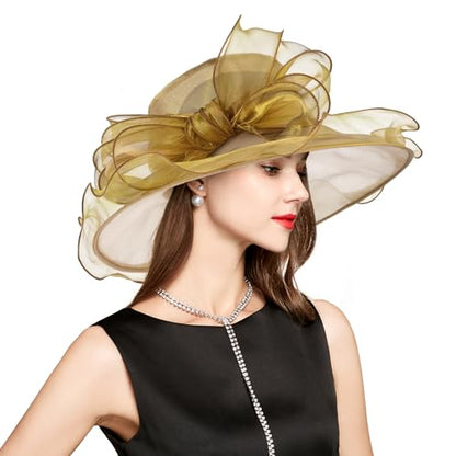 2026 Derby Hats for Women Ladies, Classy Organza Sun Hat, Church Tea Party Wedding Kentucky Fascinator Hat - color: B2967-gold