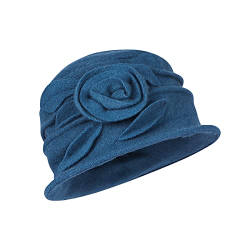 Wool Cloche Bucket Hat for Women 1920s Floral Bowler Cap Elegant Church Dress Cap Winter Warm Fedora Hat - color: Blue