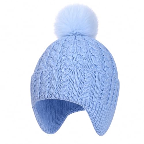 Toddler Baby Winter Hat with Earflap Kids Warm Twisted Knit Hat Infant Pom Pom Beanie Ski Cap for Baby Girls Boys - color: Blue, size: 6-24 Months