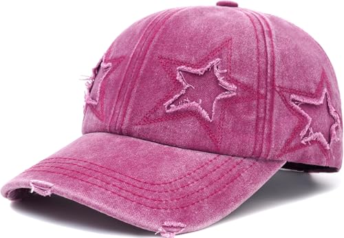 Vintage Washed Distressed Baseball Cap for Women Men Adjustable Sports Hat - color: Rose Red
