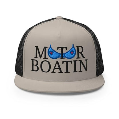 NX Motor Boatin Embroidered Flat Bill Trucker Hat High Crown Snapback Cap - color: Silver/ Black