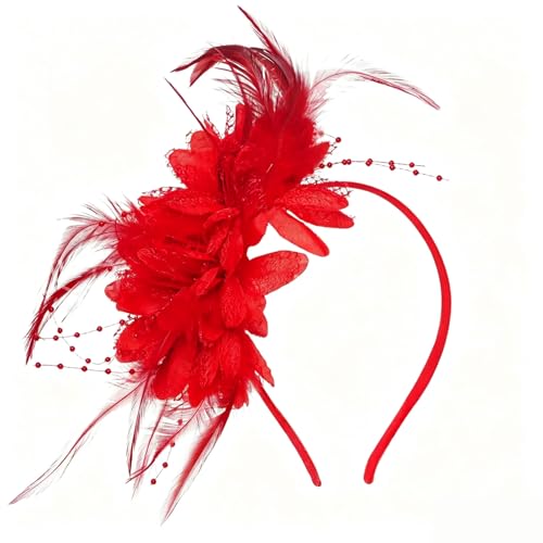 Red Flower Headband, Floral Feather Hairband with Pearl Design Party Headband for Women Wedding Headpiece Fascinator Party Hair Accessories Carnival Hair Hoop - color: Red