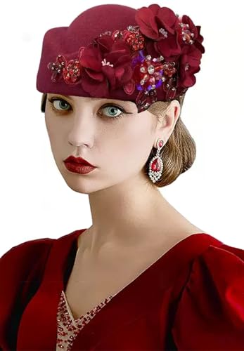 Women's Retro British Felt Headscarf Hat Church Derby Headdress with Floral Women's Soft Beret - color: Wine