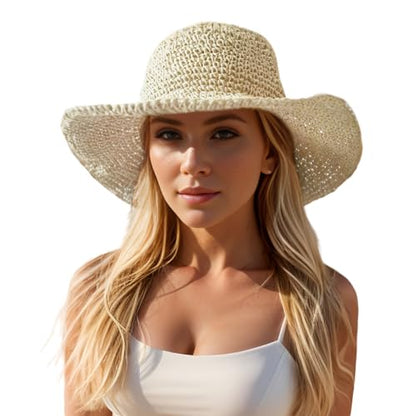 Floppy Big Beach Straw Hats for Women Foldable Summer Wide Brim Packable Sun Hat Womens Travel Straw Fedora Hat - color: Beige-4