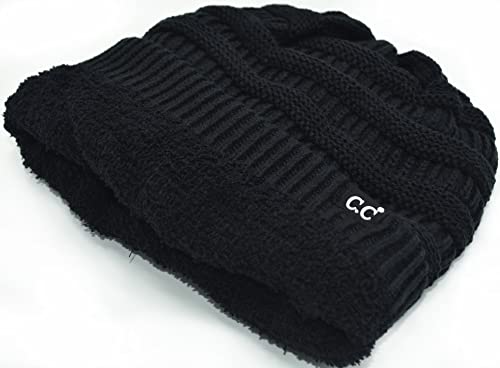 C.C Beanie Oversized Hat with Fuzzy Lining – Thick Knit Thermal Beanie for Cold Weather, Soft Warm Fleece Lined Cap - color: Black