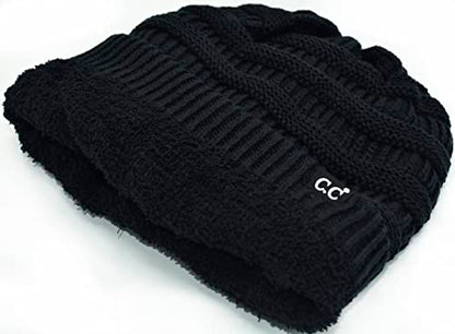 C.C Beanie Oversized Hat with Fuzzy Lining – Thick Knit Thermal Beanie for Cold Weather, Soft Warm Fleece Lined Cap - color: Black