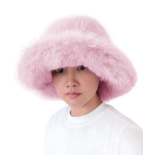 Lina & Lily Oversized Winter Faux Fur Bucket Hat for Women - Long Pile Fur Wide Moldable Brim - color: Ice Pink