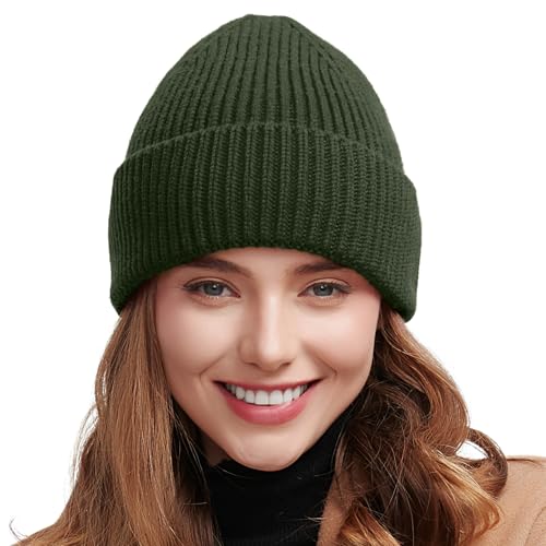 vidsel 50% Wool Thick Beanie Hat Men Women, Seamless Cuffed Winter Knit Cap - color: 1pcs Army Green