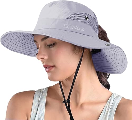 ZOORON Women's Ponytail Safari Sun Hat,Wide Brim UV Protection Bucket Hat - color: 1- Pure Light Grey