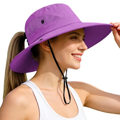 Rosoz Ponytail Sun Bucket Hats for Women UV Protection Foldable Wide Brim - color: 1 Pack-pure Purple