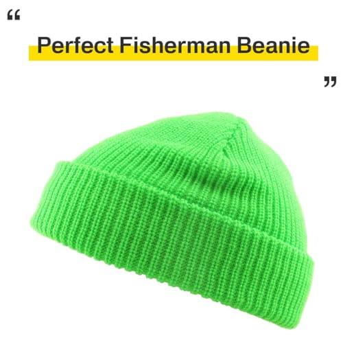Fisherman Short Beanie Leon Roll up Trawler Classic Skullcap Hipster Beanie Warm Winter Hats Acrylic Ribbed Knit Cuff Daily - color: Neon Green