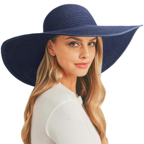 DRESHOW Big Straw Sun Hats for Women Floppy Foldable Roll up Beach Cap Sun Hat UPF 50+ Vacation Honeymoon Embroidered Hat - color: Medium Size: Navy / Brim 5.5" (Head Circumference 22-22.8")