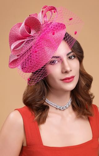 Kentucky Derby Fascinators for Women High Tea Party Hat Wedding Cocktail Flower Headware with Mesh and Feathers - color: Z-f0271-fushia