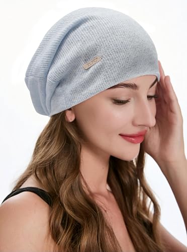 ZLYC Women Slouchy Beanie Hat Summer Knit Chemo Headwear - color: Solid Light Blue