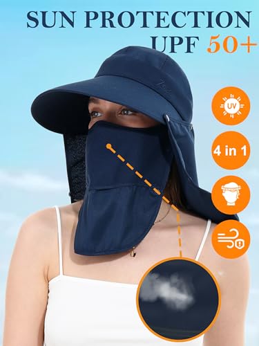 LA CARRIE Women Sun Hats Detachable Wide Brim UV UPF 50+ Face Mask Visor with Neck Flap Hat for Summer Beach - color: Navy