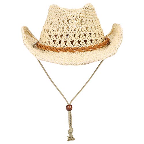 Straw Cowboy Hat Wide Brim Sun Hat Cowgirl Summer Panama Hat with Chin Strap Men Women Sombrero Outdoor Family Hat - color: Beige, size: One Size
