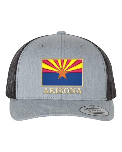 Go All Out Arizona Flag with Classy Gold Trim Arizona Pride Dad Deluxe Trucker Flatbill Baseball Structured Embroidered Hat - color: Heather Grey/ Black