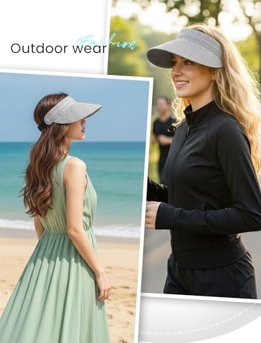 CHUNG Women Visor Sun Hat Paper Straw Wide Brim Adjutable Ponytail Packable Beach Holiday Summer Travel - color: V-light Grey