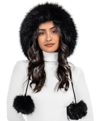 Womens Faux Fur Knitted Hat with Pompom Warm Skull Snow Cap Ear Cover Winter Beanie Hat for Women - color: Black